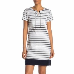 Tommy Hilfiger Women's Striped Lace-Up Short Sleeve Dress Size L